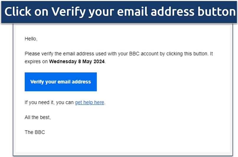 Screenshot of the BBC iPlayer verification email