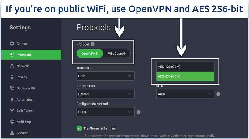 A screenshot showing how straightforward it is to customize a connection using the Private Internet Access (PIA)