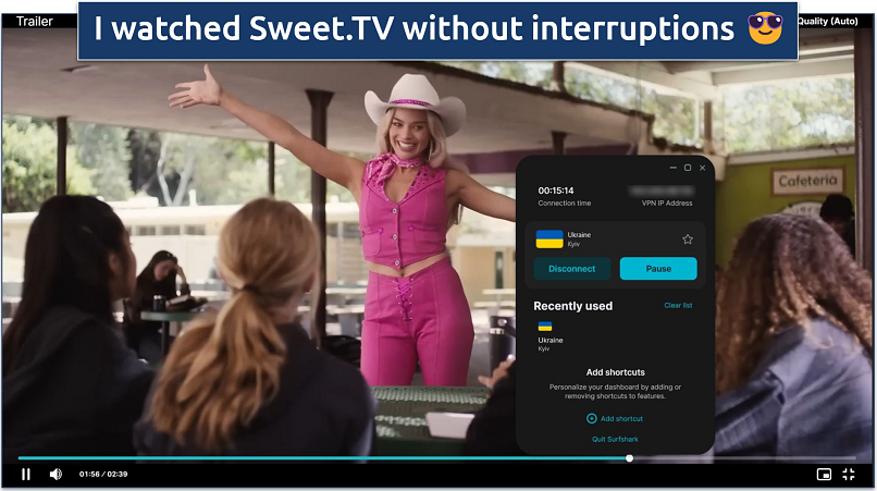 A screenshot of Sweert TV streaming Barbie trailer while connected to Surfshark's Ukraine server