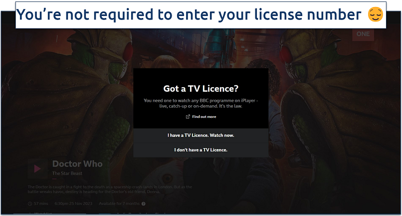 Screenshot of a pop-up on BBC iPlayer asking for a TV licence