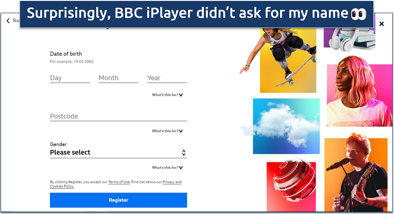 Entering personal data to create an account on BBC iPlayer