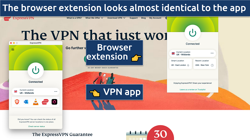Screenshot of the ExpressVPN app corresponding with the Chrome browser extension