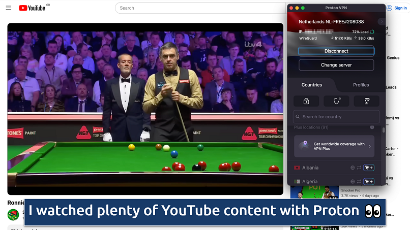 Screenshot of the Proton VPN app over a full snooker match playing on YouTube