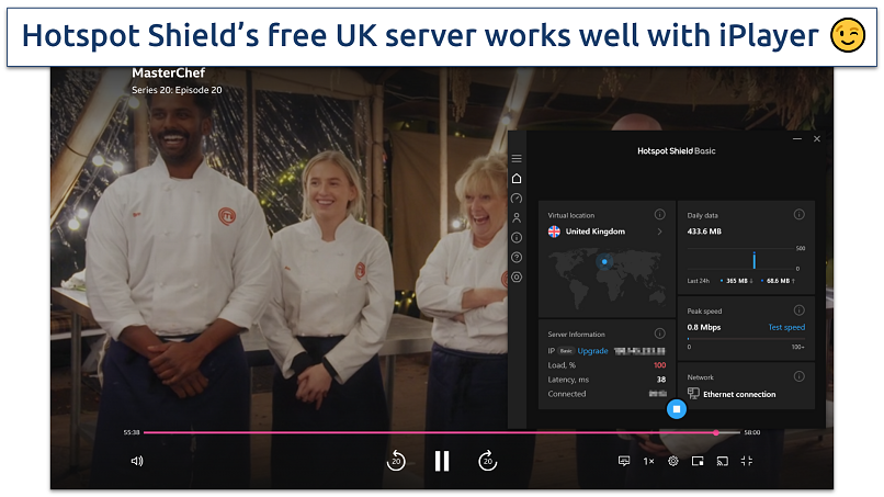 Screenshot of Hotspot Shield's free UK server working to stream MasterChef on BBC iPlayer