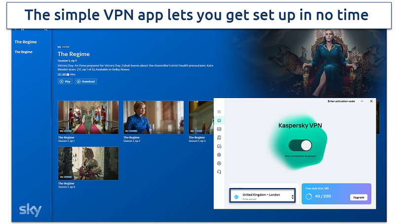 Screenshot of Kaspersky Secure Connection VPN Windows app connected to UK server while browsing Sky Go