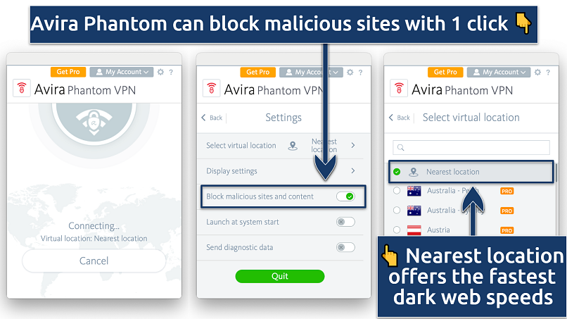 Screenshot showing the 3 interfaces of the Avira Phantom VPN app