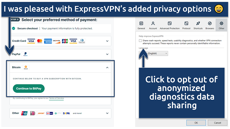 Screenshot showing the ExpressVPN payment methods and privacy options in its app