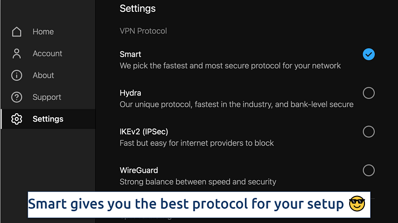 Screenshot showing the selection of protocols on the Hotspot Shield app