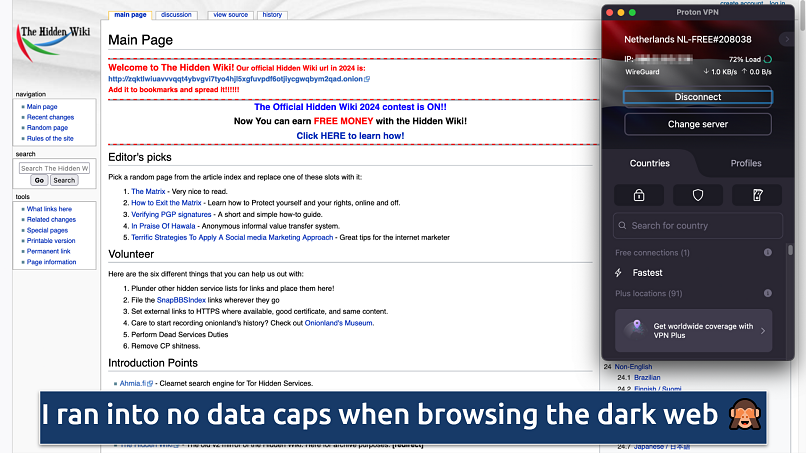 Screenshot showing the Proton VPN app over The Hidden Wiki