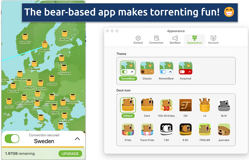 Screenshot showing the highly customizable graphics on TunnelBear's app