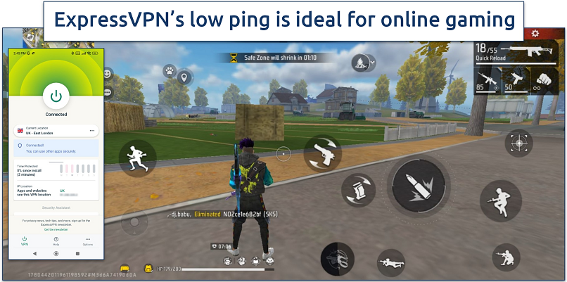 Screenshot of Free Fire gameplay with ExpressVPN connected
