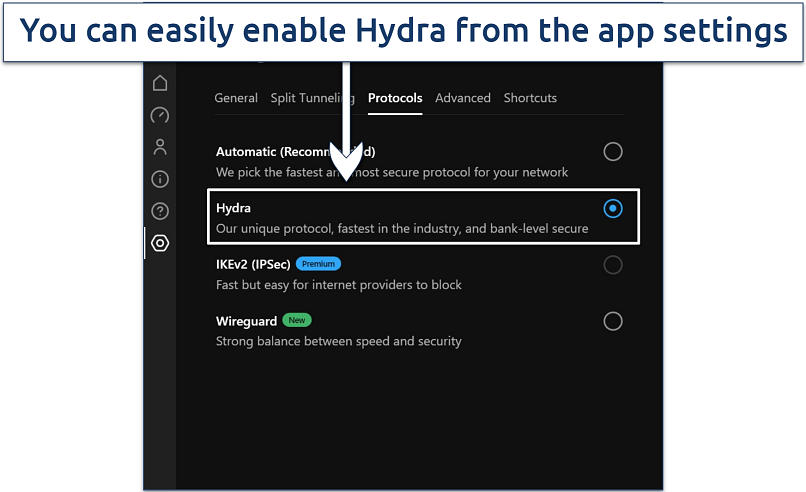 Screenshot showing how to enable Hotspot Shield's Hydra protocol