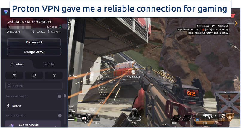Screenshot of Apex Legends gameplay with Proton VPN connected
