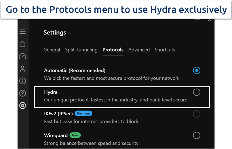 A screenshot showing Hotspot Shield's list of protocols