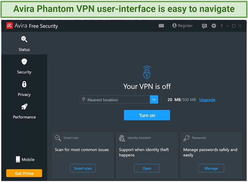 A screenshot of the Avira Phantom VPN simple user-interface