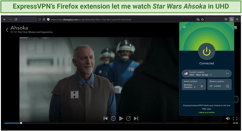 Screenshot of Ahsoka streaming on Disney+ with ExpressVPN connected