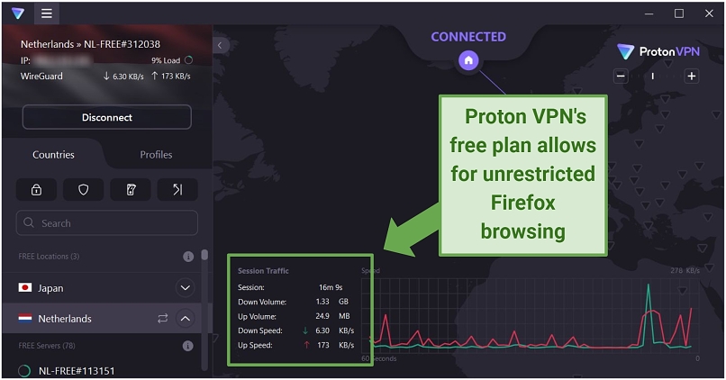 Screenshot of Proton VPN's user interface