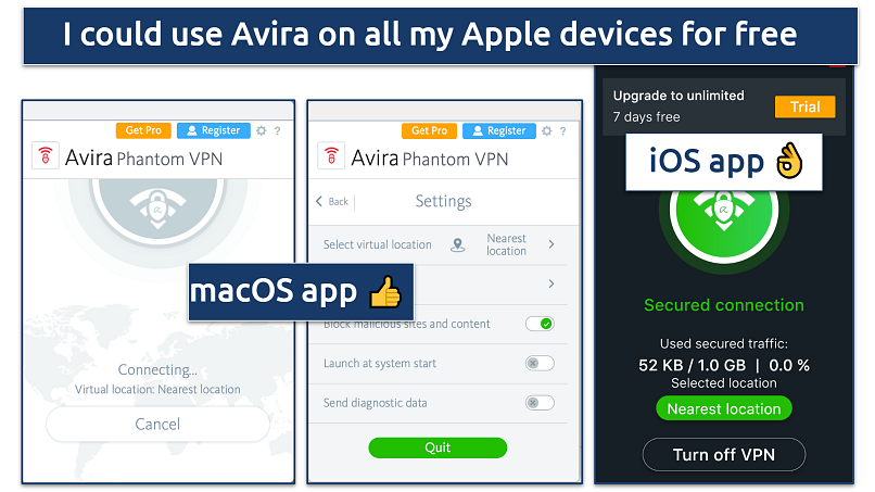 Screenshot of the Avira Phantom desktop app alongside the iOS app