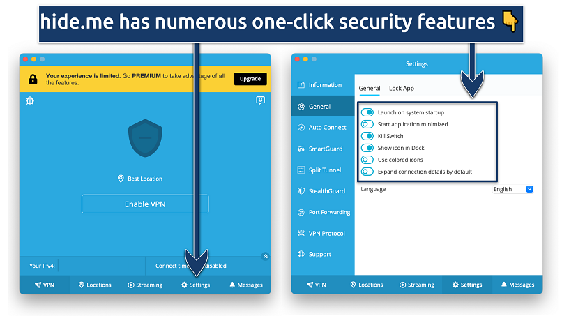 Screenshot of the hide.me app with its one-click security features