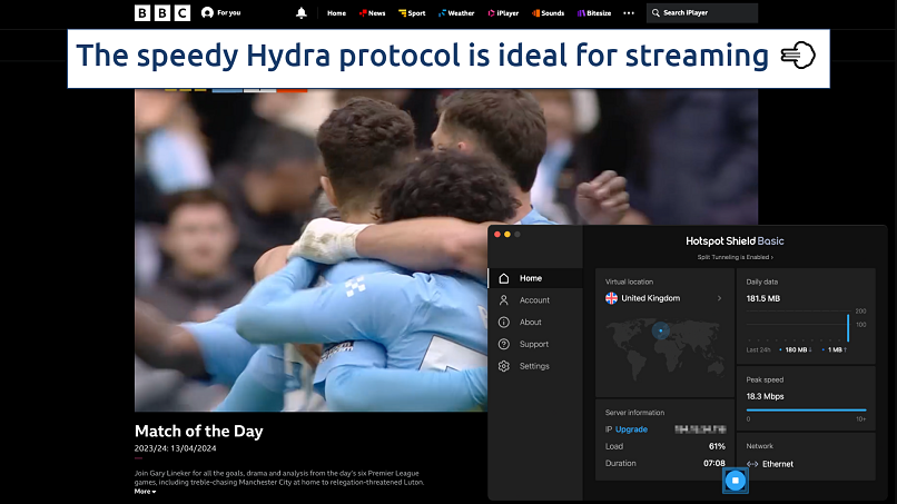 Screenshot of the Hotspot Shield app over the BBC iPlayer streaming Match of the Day