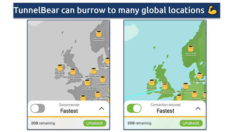 Screenshot of the TunnelBear app connecting to a UK location