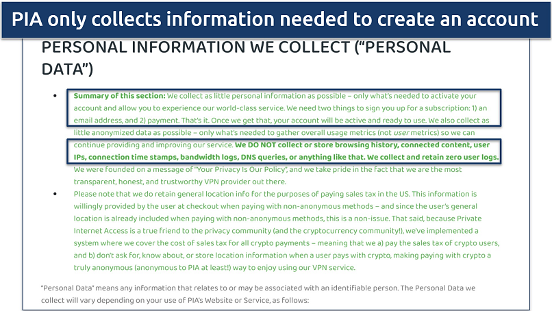 Screenshot of PIA's privacy policy highlighting the data it collects