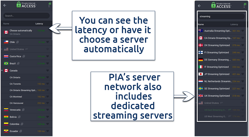  Image showing the streaming optimized servers on Private Internet Access App interface.