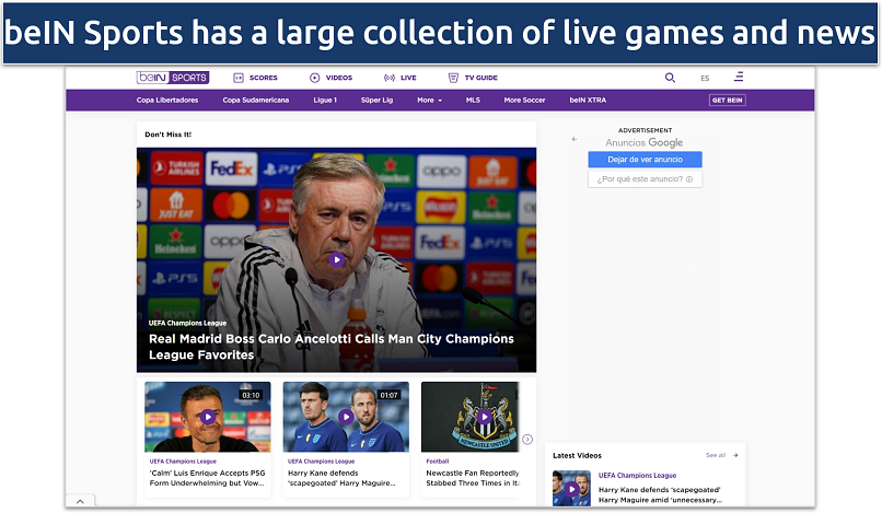 Screenshot of the beIN Sports site