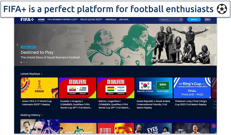 Screenshot of the FIFA+ site