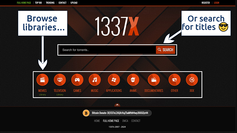 Screenshot of the 1337x home page