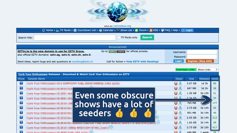 Screenshot of a search results page on EZTV