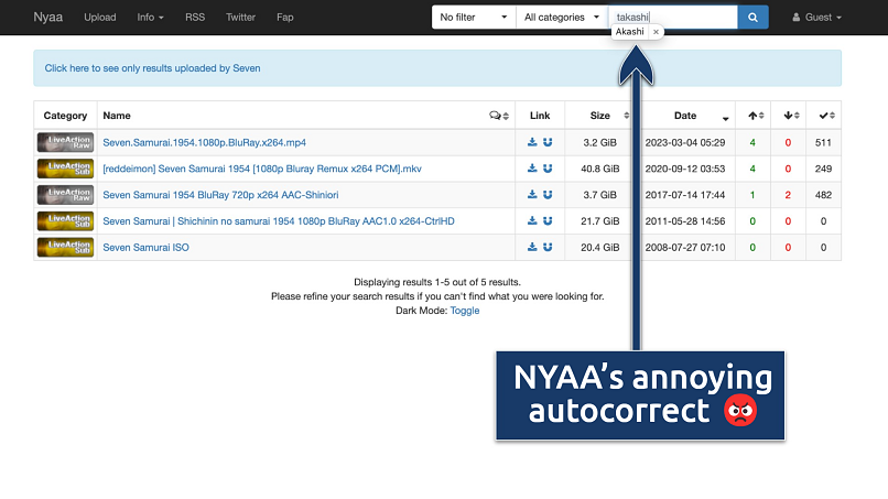 Screenshot of the NYAA search results page