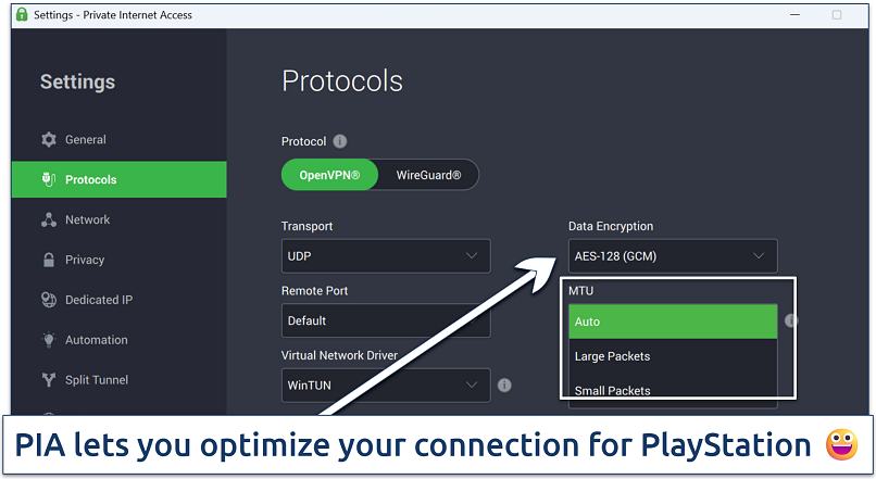 Screenshot showing how to adjust PIA's security settings