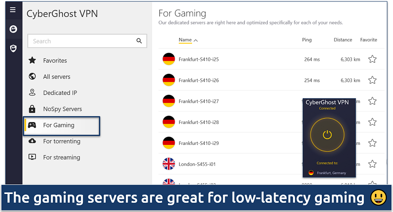 Screenshot showing a list of CyberGhost's gaming-optimized servers