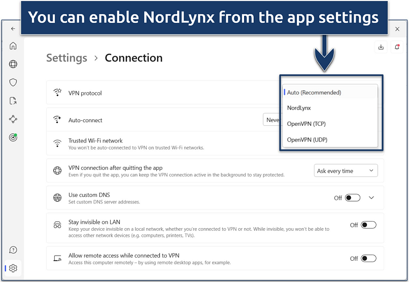 Screenshot showing how to enable NordVPN's NordLynx protocol