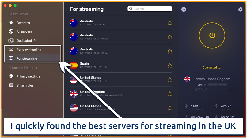 Screenshot of the servers optimized for streaming in the CyberGhost macOS app