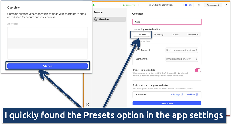 Screenshot of the Presets option in the NordVPN app