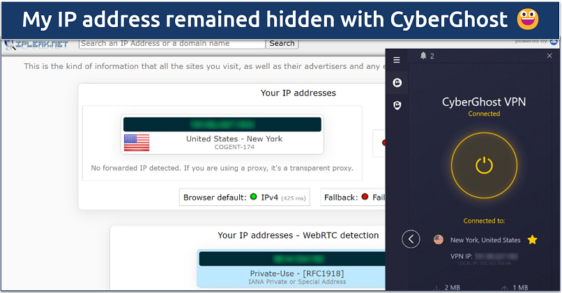 A screenshot of a successful leak test result with CyberGhost New York servers