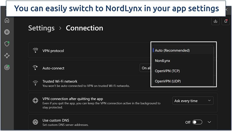 A screenshot showing how to select NordLynx