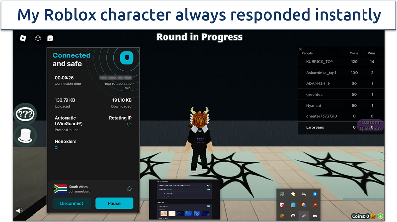 A screenshot showing a Roblox session with Surfshark connected
