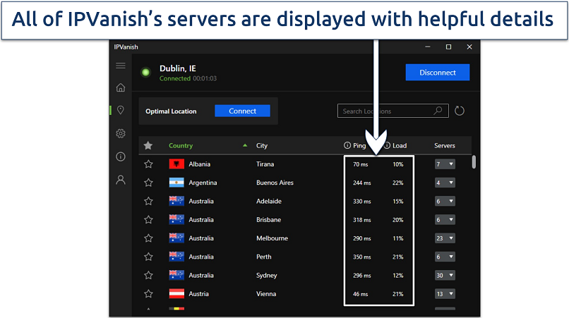 Screenshot of IPVanish's Windows app highlighting he server list
