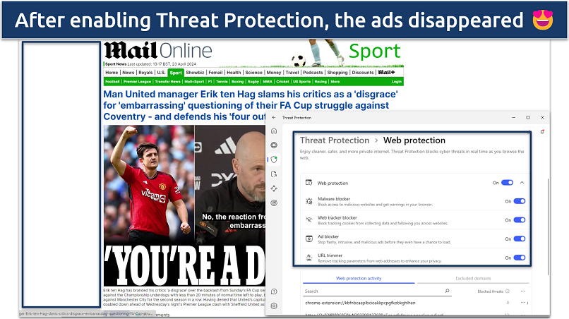 Screenshot of Mail Online without ads when NordVPN's Threat Protection is enabled