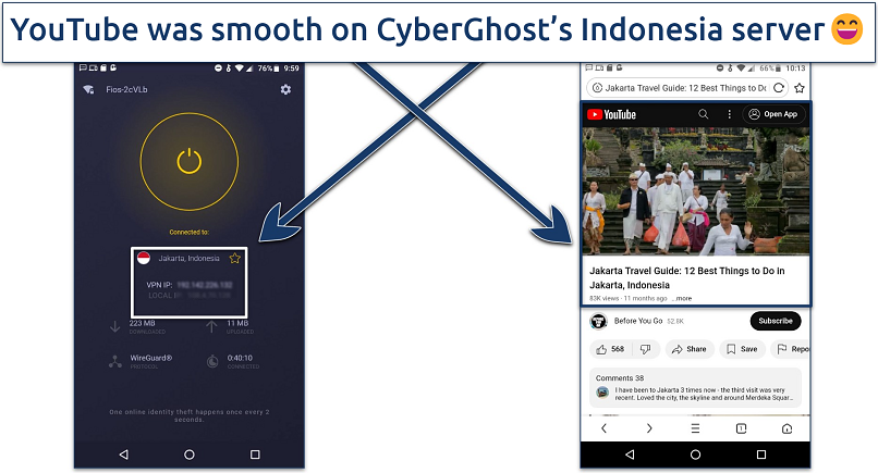 Screenshot of an Indonesia tourism video playing on YouTube while CyberGhost is connected to a server in Indonesia