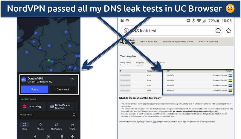 Screenshot of NordVPN connected to a Double VPN server in Sweden and Switzerland while passing a DNS test in UC Browser