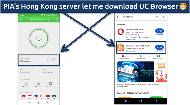 Screenshots of PIA's main screen on Android while connected to a server in Hong Kong and the UC Browser in the Google Play Store