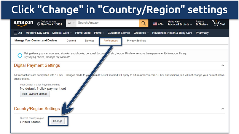 Screenshot showing how to update your amazon account country