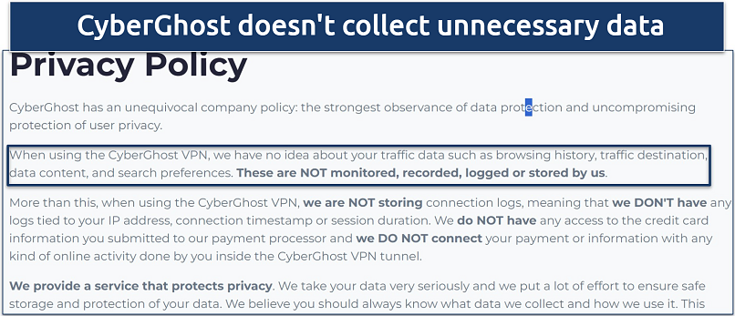 Screenshot of CyberGhost's privacy policy showing the data it collects