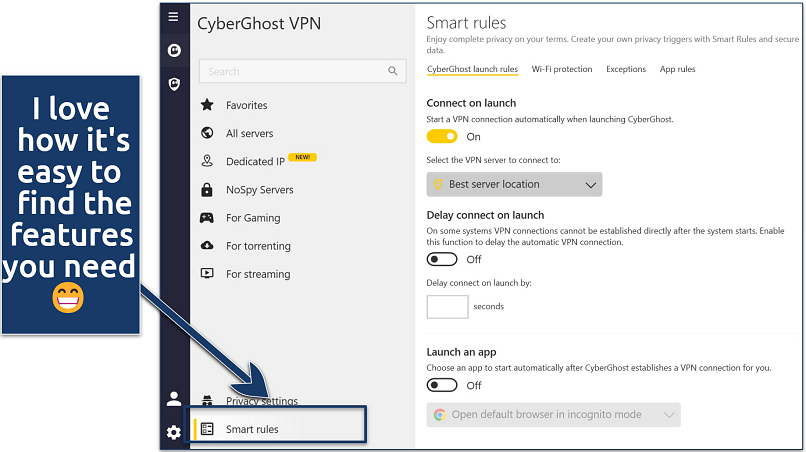 A screenshot of CyberGhost's Smart rules features