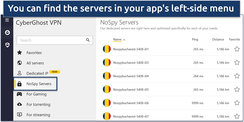 Screenshot of CyberGhost's app showing the NoSpy servers