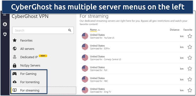 Screenshot of CyberGhost's list of servers specialized for different activities